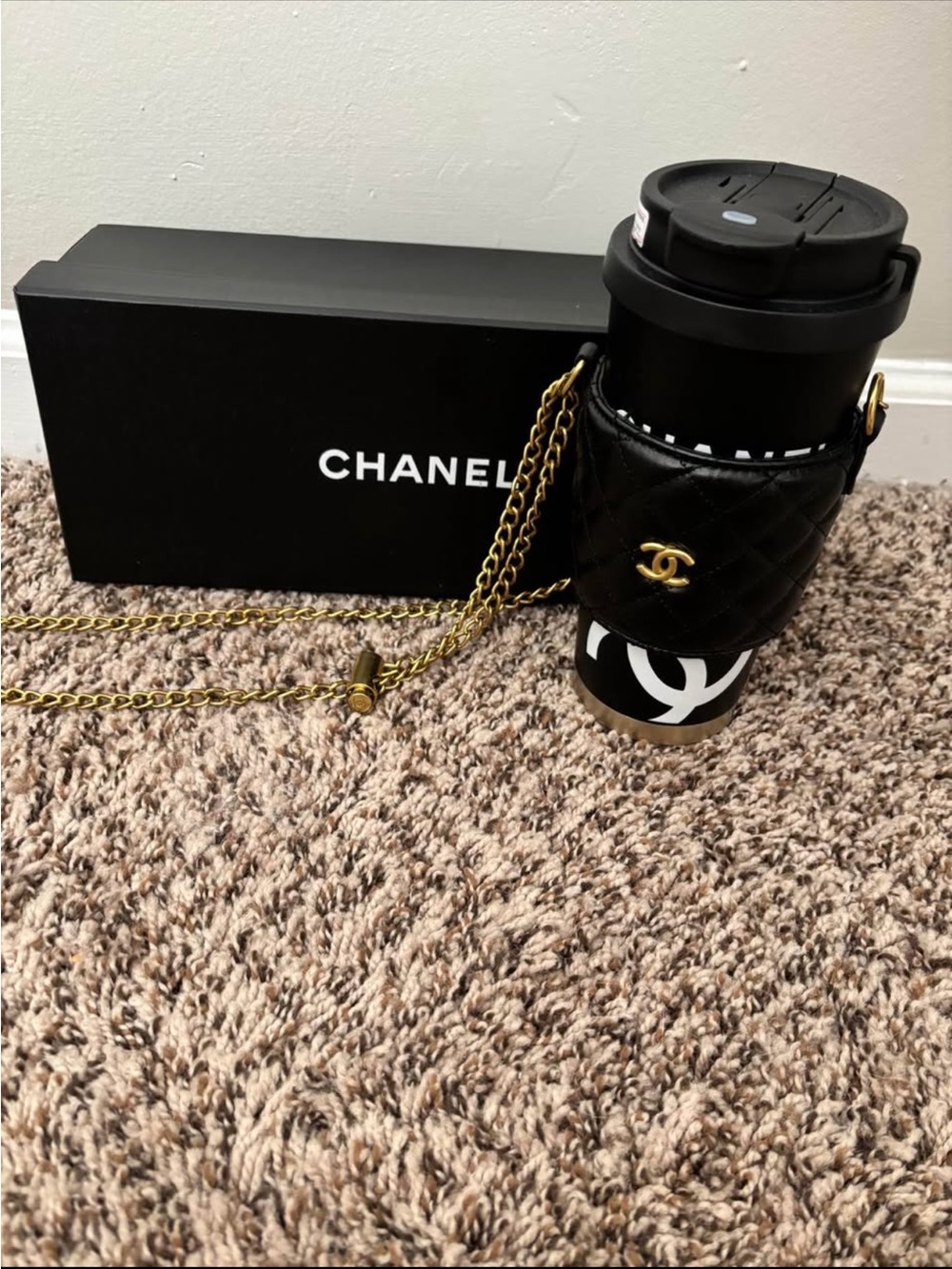 CHANEL Black Quilted Leather Cup Carrier with Gold Chain